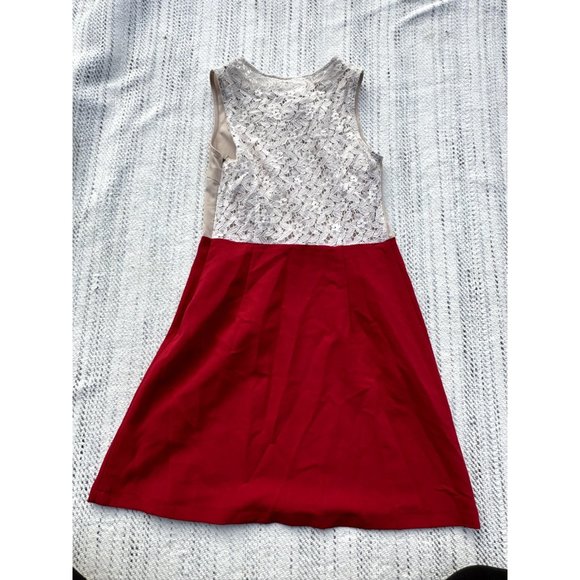 Ezra Womens Small Red Dress Sleeveless Lace Floral Back Laser Cut Beige Front - Picture 7 of 11